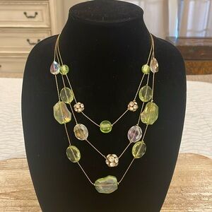 Vintage Gold Tone Triple Layer Beaded Green Collar Bib Statement Necklace